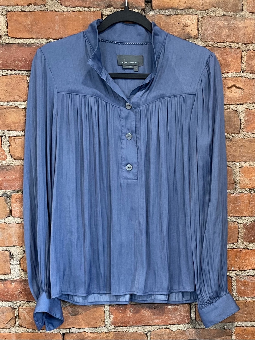 Anthropologie Blue Long-Sleeve Pleated Button-Neck Blouse | Size Small